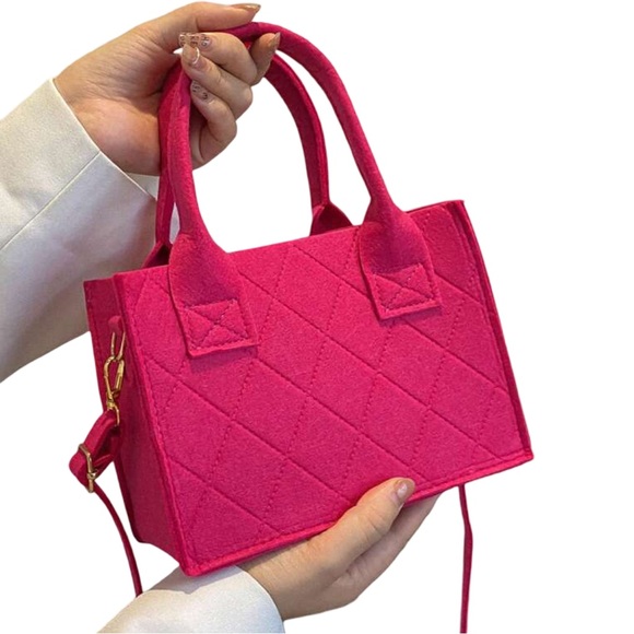 Neon Pink Felt Quilted Square Mini Crossbody Shoulder Bag Purse - Picture 3 of 8